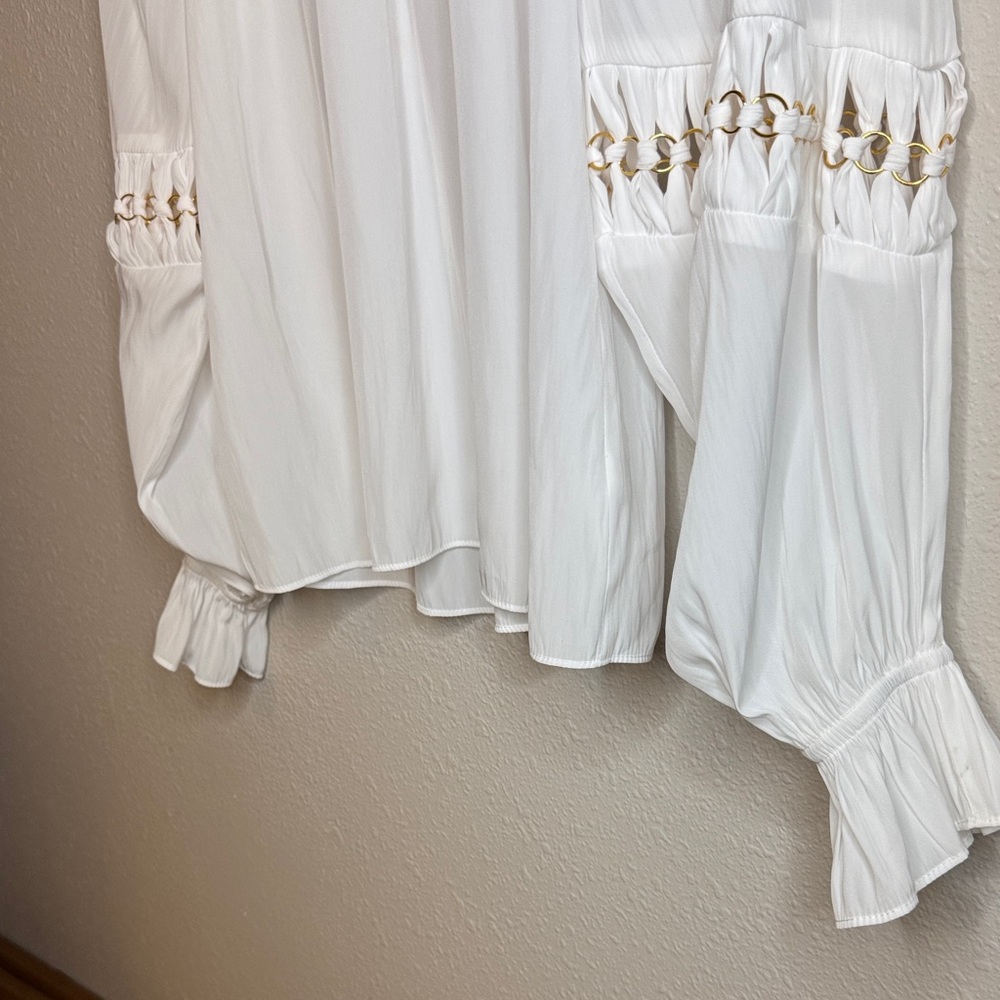 Ramy Brook White Blouse with Gold‎ Circular Accents Peasant Flowy Boho Fairy - S - Picture 5 of 10